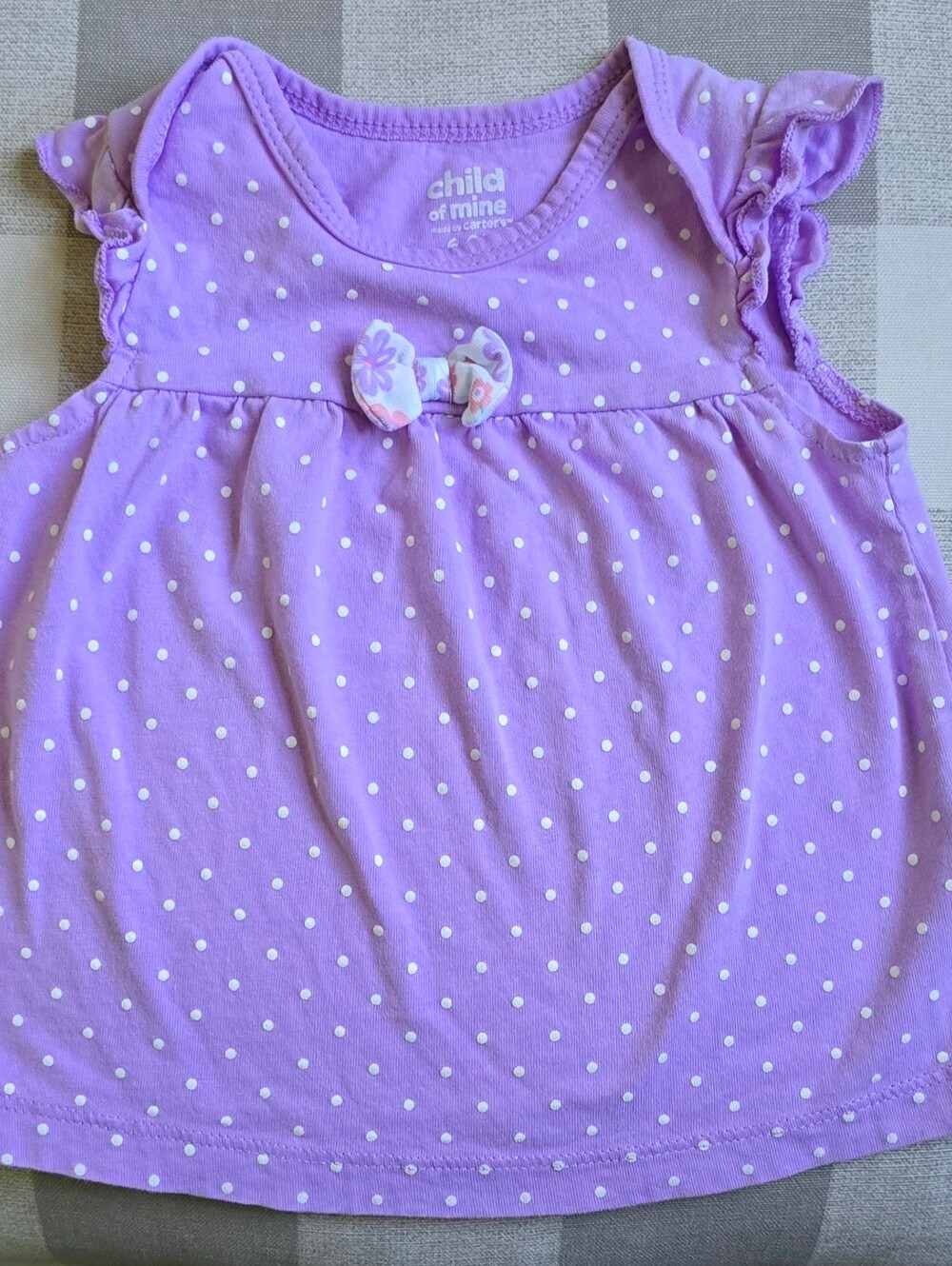 Light Purple Baby Girl Shirt Polka Dots Bow White Flowers Ruffles Size 6-9 Month